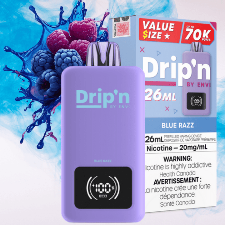Drip'n by Envi 70K Disposable Vape - 20mg Salt Nicotine / 26mL E-Liquid Blue Razz Airdrie Vape SuperStore and Bong Shop Alberta Canada