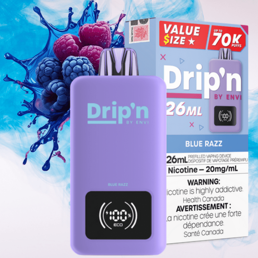 Drip'n by Envi 70K Disposable Vape - 20mg Salt Nicotine / 26mL E-Liquid Blue Razz Airdrie Vape SuperStore and Bong Shop Alberta Canada