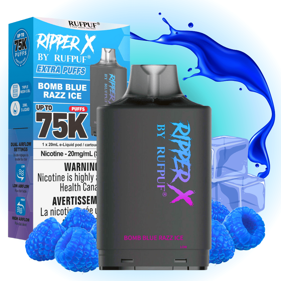 Ripper X Bomb Blue Razz Ice 75K Pod at Airdrie Vape SuperStore and Bong Shop in Alberta Canada