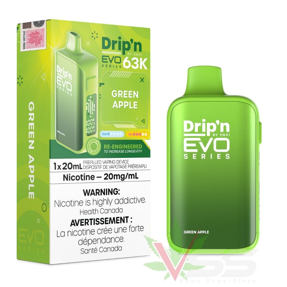 Shop Drip'n by Envi Evo 63K Disposable Vape - Up to 63,000 Puffs- Vape Green Apple Flavour, Buy ENVI Disposables in Alberta at Airdrie Vape SuperStore and Bong Shop Canada