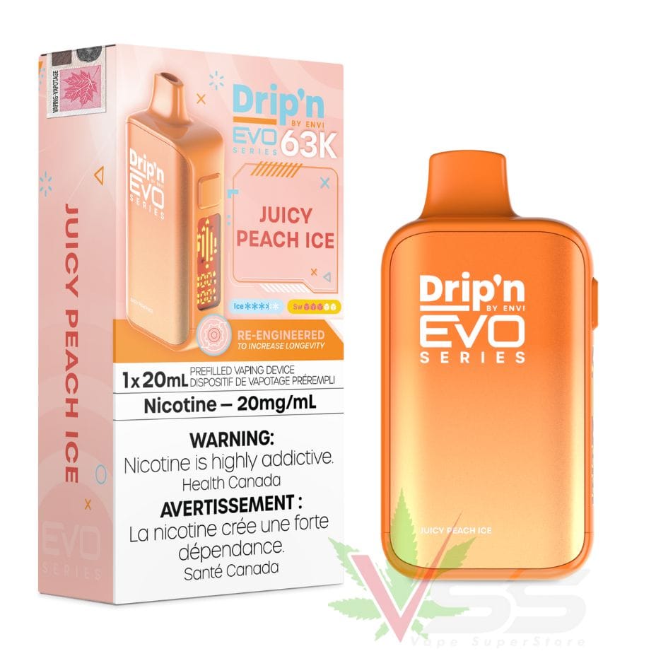 Shop Drip'n by Envi Evo 63K Disposable Vape - Up to 63,000 Puffs- Vape Juicy Peach Ice Flavour, Buy ENVI Disposables in Alberta at Airdrie Vape SuperStore and Bong Shop Canada