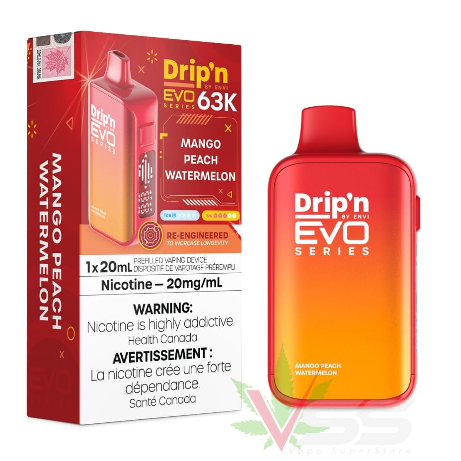Shop Drip'n by Envi Evo 63K Disposable Vape - Up to 63,000 Puffs- Vape Mango Peach Watermelon Flavour, Buy ENVI Disposables in Alberta at Airdrie Vape SuperStore and Bong Shop Canada