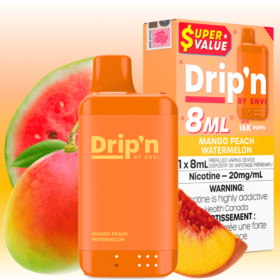peach mango watermelon vape juice Drip'n by Envi 16K Disposable - in Alberta Flavour:Peach Mango Watermelon F: Toast Lost Mary Turbo MT15000