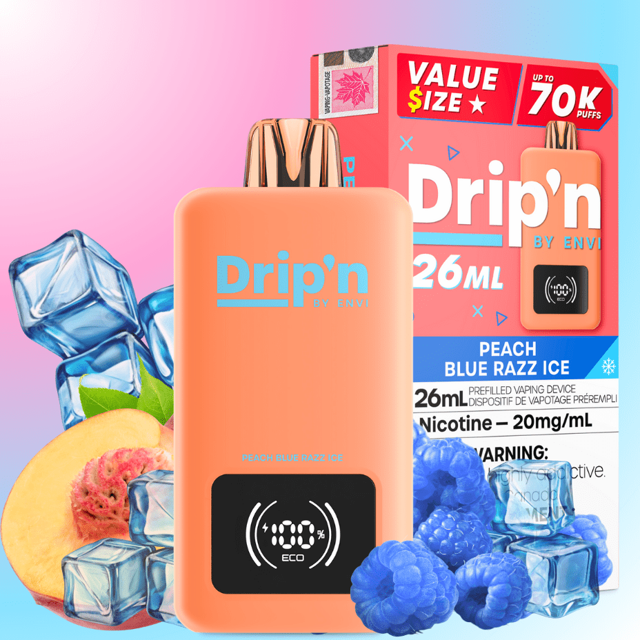 Drip'n by Envi 70K Disposable Vape - Peach Blue Razz Ice 26mL / 70000 Puffs / 20mg Airdrie Vape SuperStore and Bong Shop Alberta Canada
