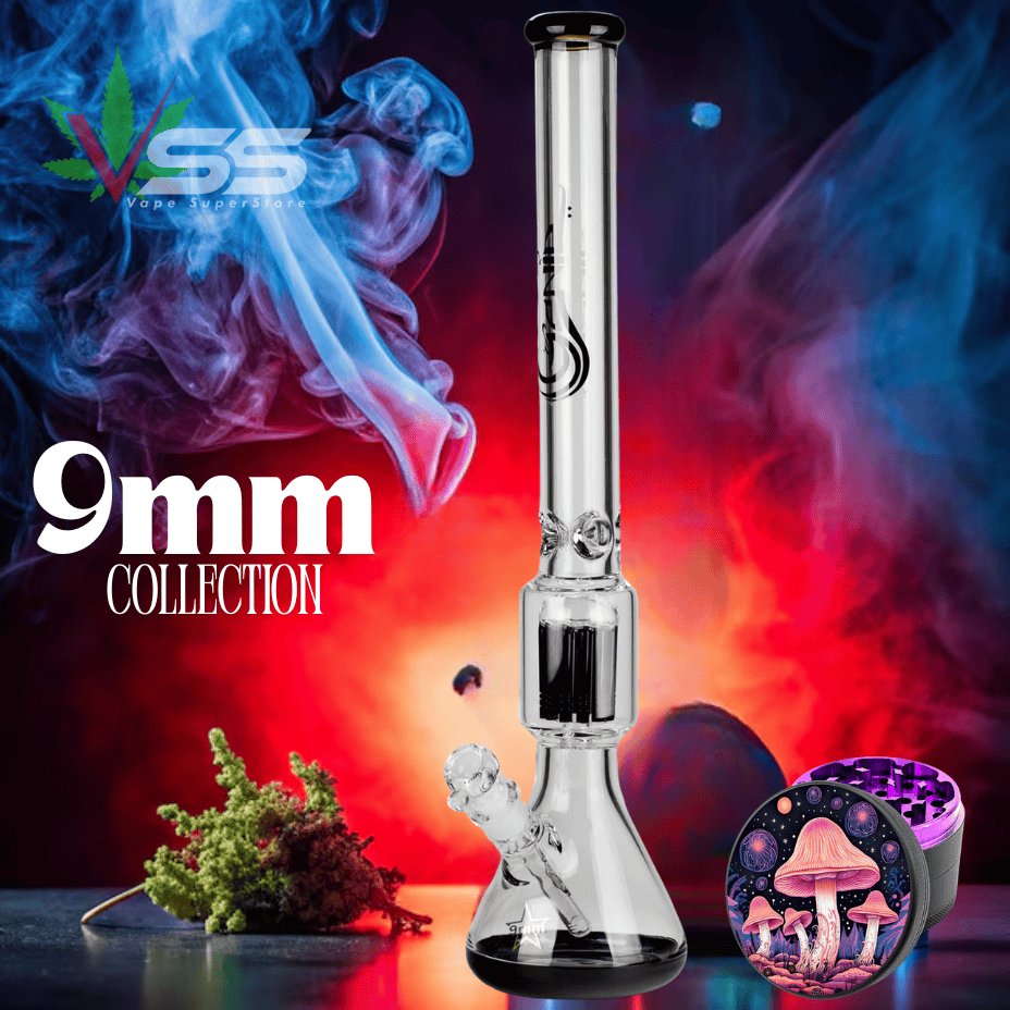 Genie 9mm Logo Beaker w/12-Arm Tree Perc- 24" Black Airdrie Vape SuperStore and Bong Shop Alberta Canada
