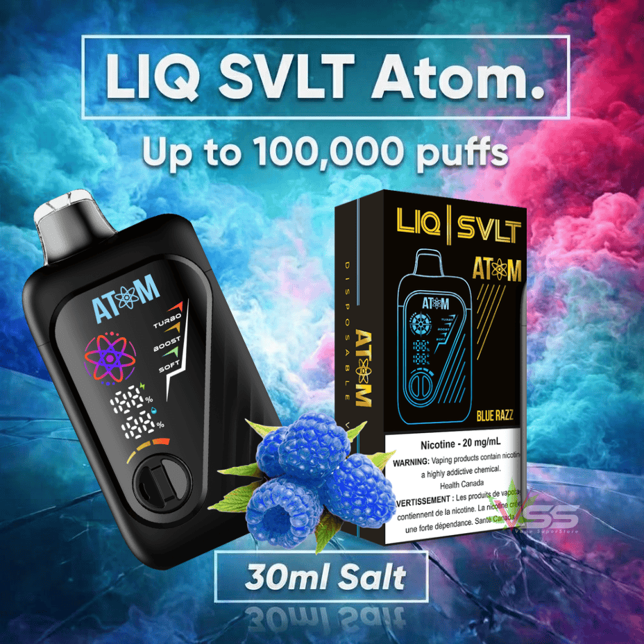 LIQ SVLT Atom 100K Disposable Vape-Blue Razz Airdrie Vape SuperStore and Bong Shop Alberta Canada