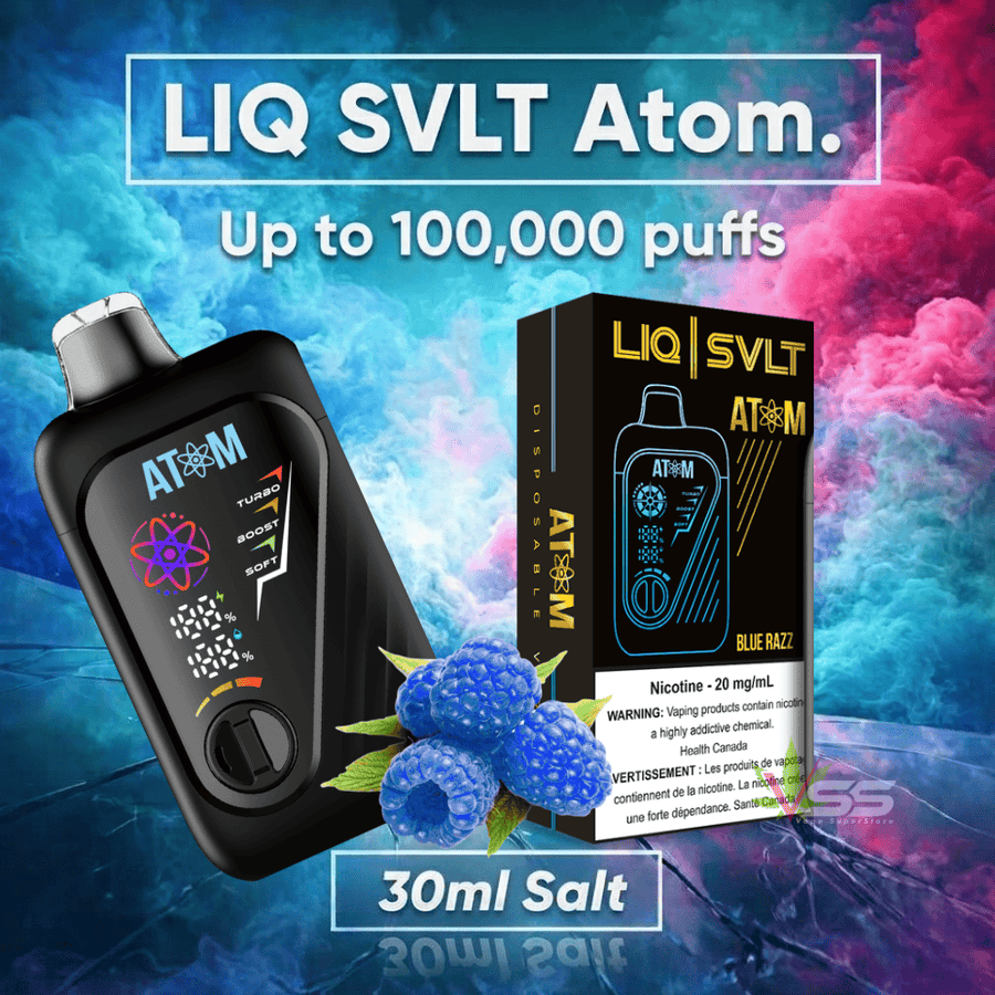 LIQ SVLT Atom 100K Disposable Vape-Blue Razz Airdrie Vape SuperStore and Bong Shop Alberta Canada