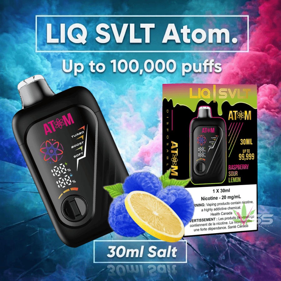 LIQ SVLT Atom 100K Disposable Vape-Raspberry Sour Lemon Airdrie Vape SuperStore and Bong Shop Alberta Canada