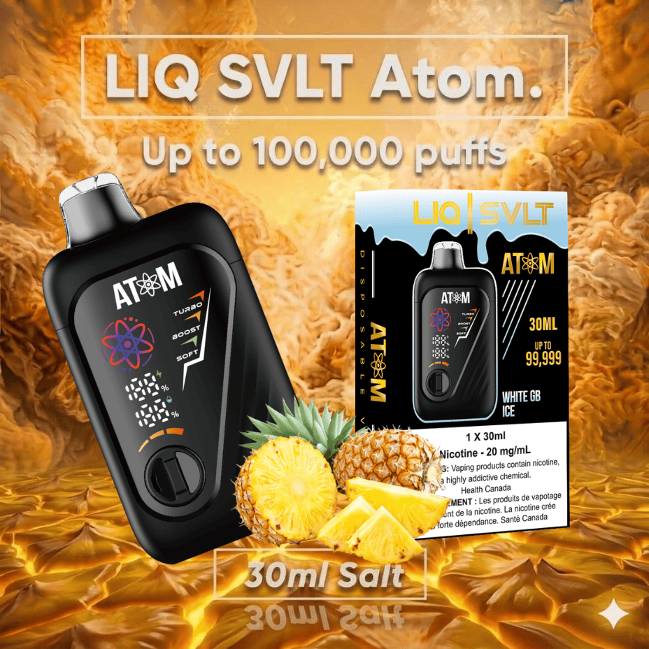 LIQ SVLT Atom 100K Disposable Vape-White GB Ice Airdrie Vape SuperStore and Bong Shop Alberta Canada