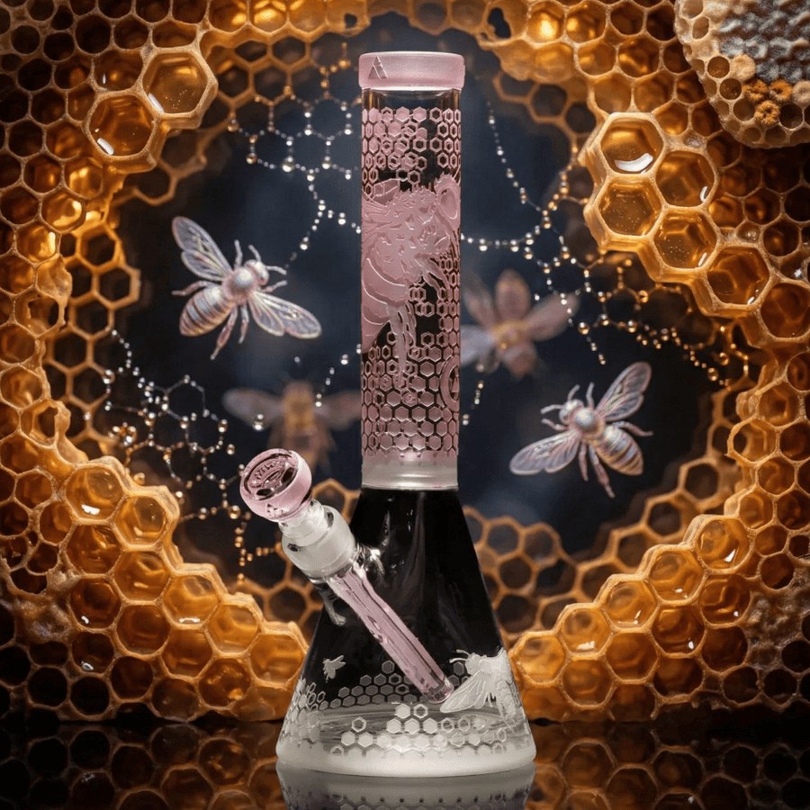 Milkyway 9mm Bee Hive Sandblasted Etched Beaker-14" Airdrie Vape SuperStore and Bong Shop Alberta Canada