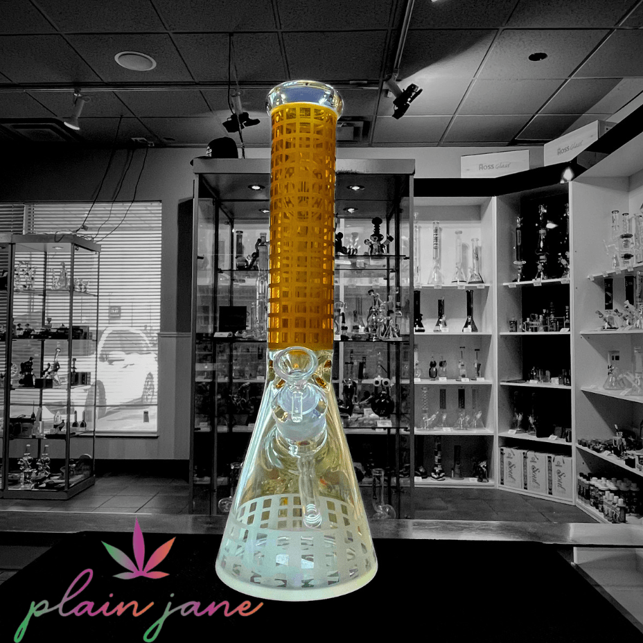 Plain Jane Glass Gridded Sandblasted Weed Leaf Beaker-14" Airdrie Vape SuperStore and Bong Shop Alberta Canada