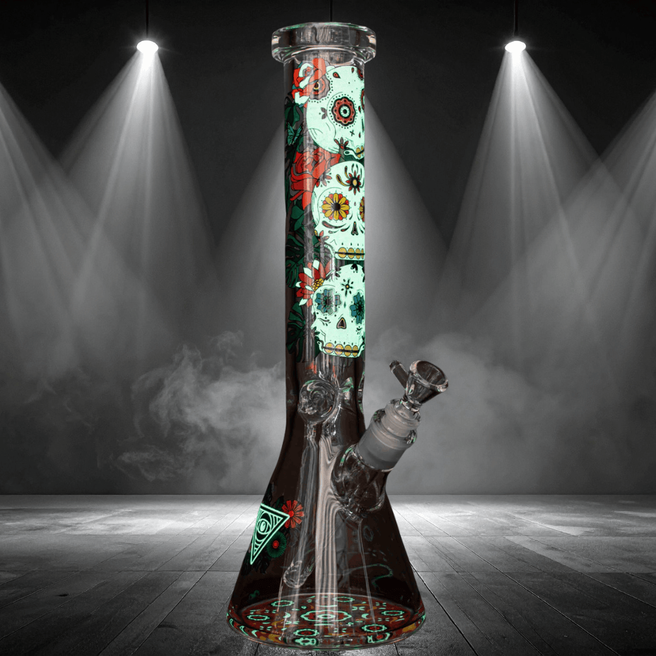 Red Eye Glass 7mm Sugar Skull Glow In The Dark Beaker-15" Airdrie Vape SuperStore and Bong Shop Alberta Canada