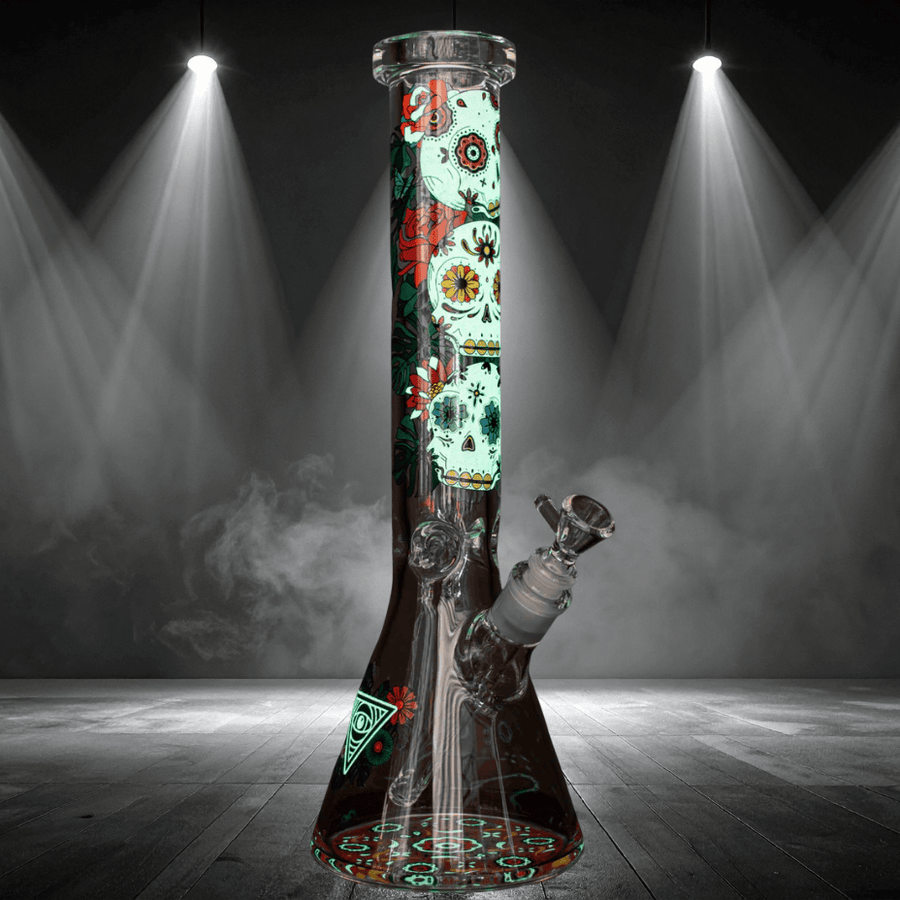 Red Eye Glass 7mm Sugar Skull Glow In The Dark Beaker-15" Airdrie Vape SuperStore and Bong Shop Alberta Canada