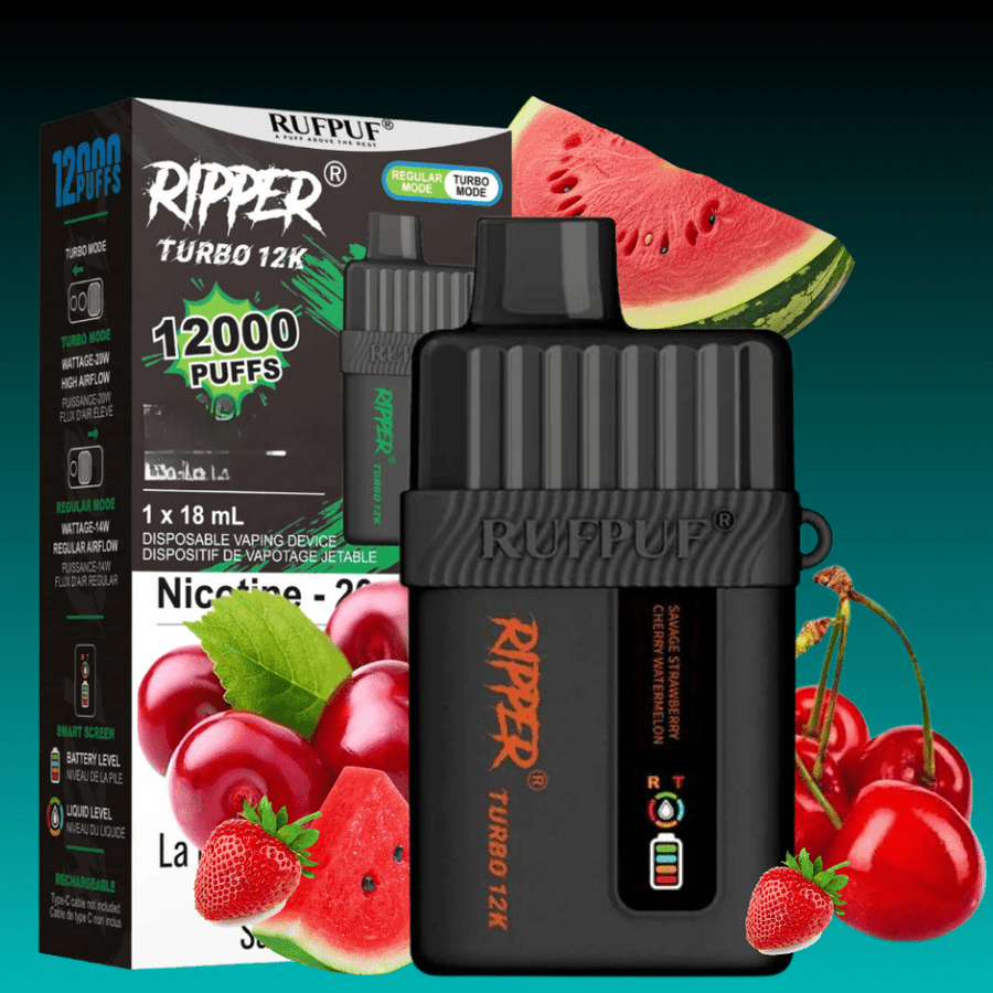 Ripper Turbo 12K Disposable Vape-Savage Strawberry Cherry Watermelon 12000 Puffs / 20mg Airdrie Vape SuperStore and Bong Shop Alberta Canada
